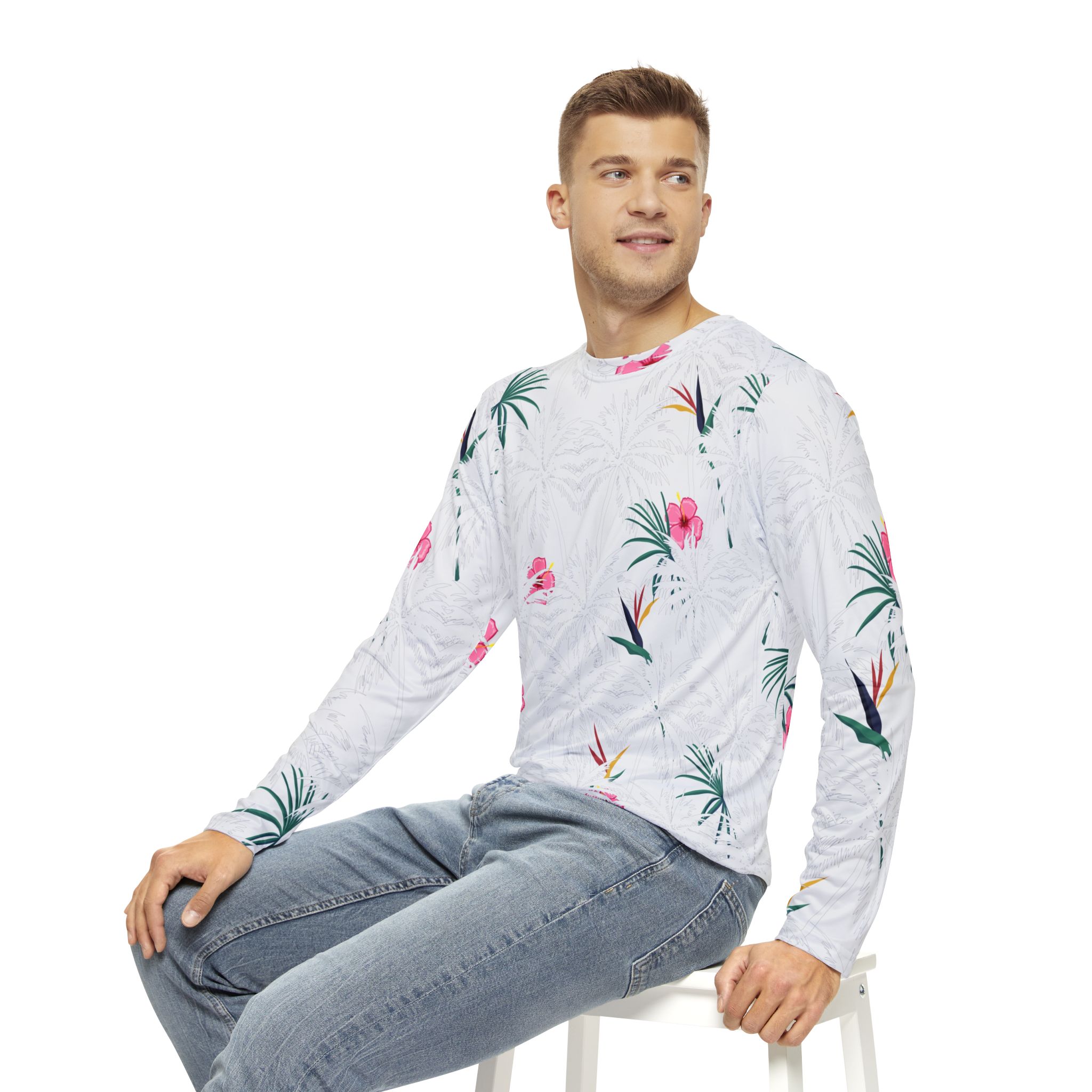 White Tropical Floral Men’s Long Sleeve Shirt Bird of Paradise & Hibiscus Print - Image 7