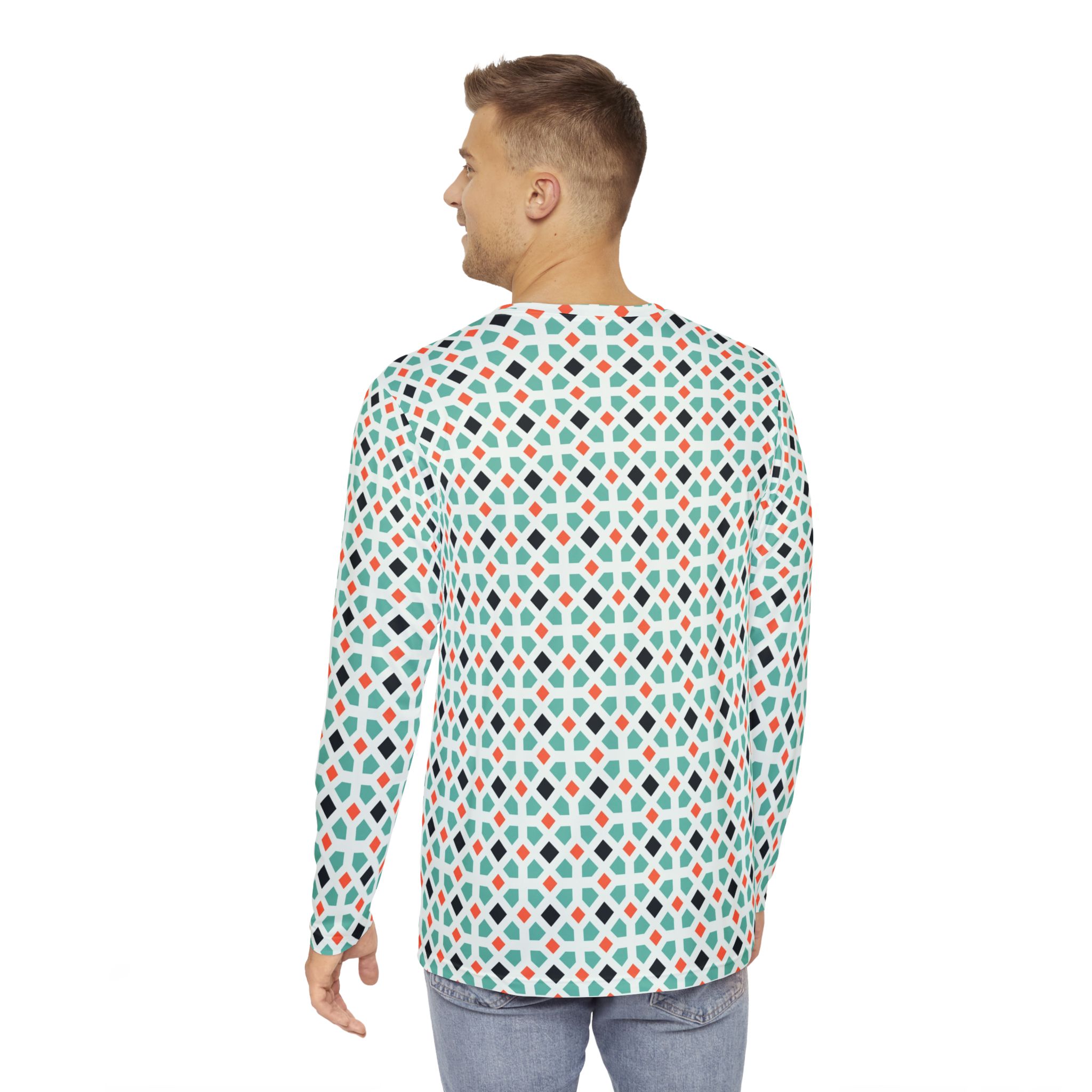 Retro Geometric Mosaic Men's Long Sleeve Shirt Unique Gift for Him, Everyday Wear, Spring Fashion - Image 4