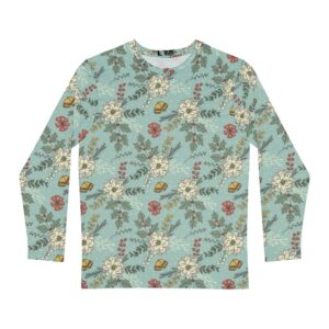 Vintage Floral Long Sleeve Shirt, Soft Blue All-Over Print Tee, Retro Botanical Pattern Crewneck for Men