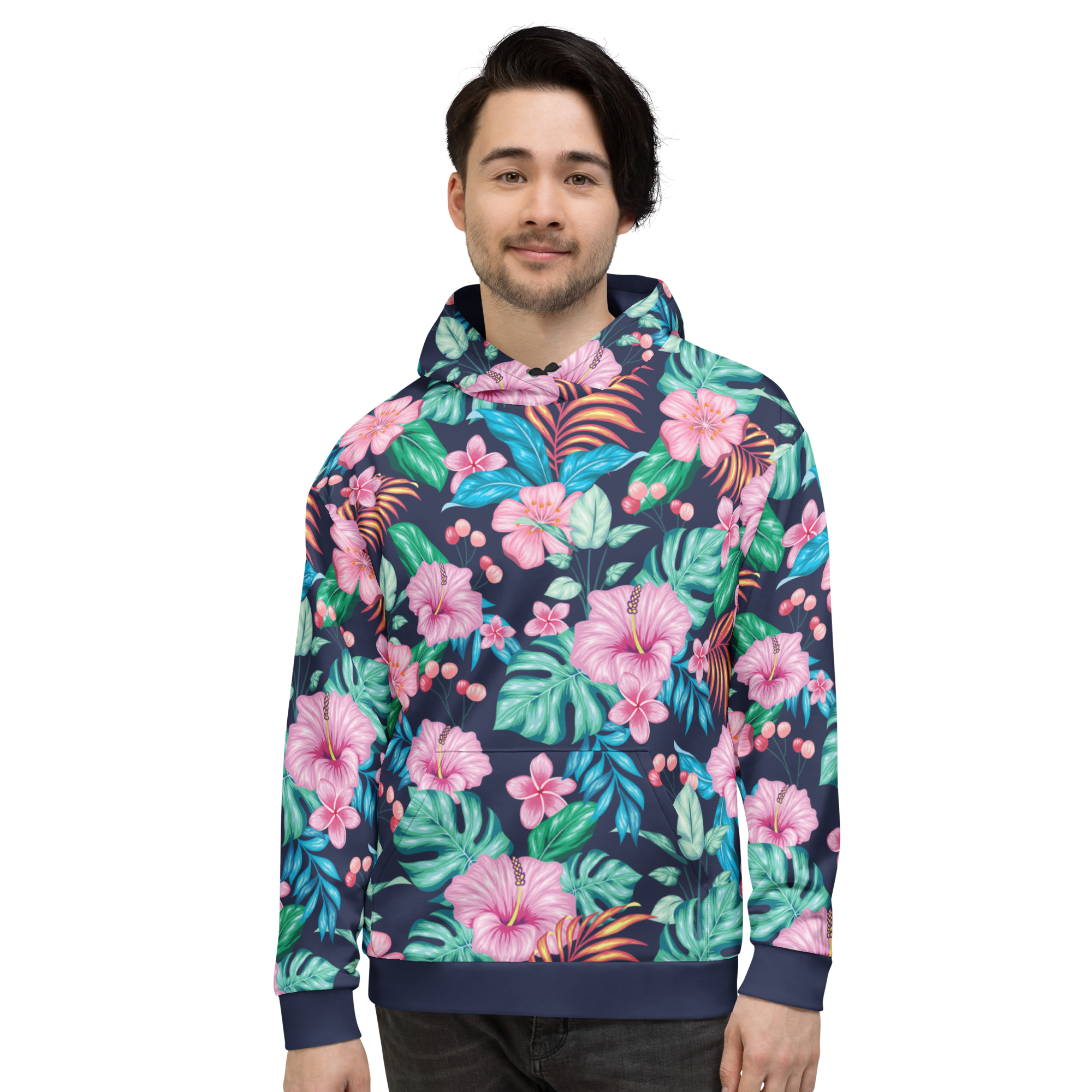 Tropical Floral All-Over Print Hoodie, Pink Flowers & Green Leaves on Navy for a Florida Vacation Vibe - Image 3
