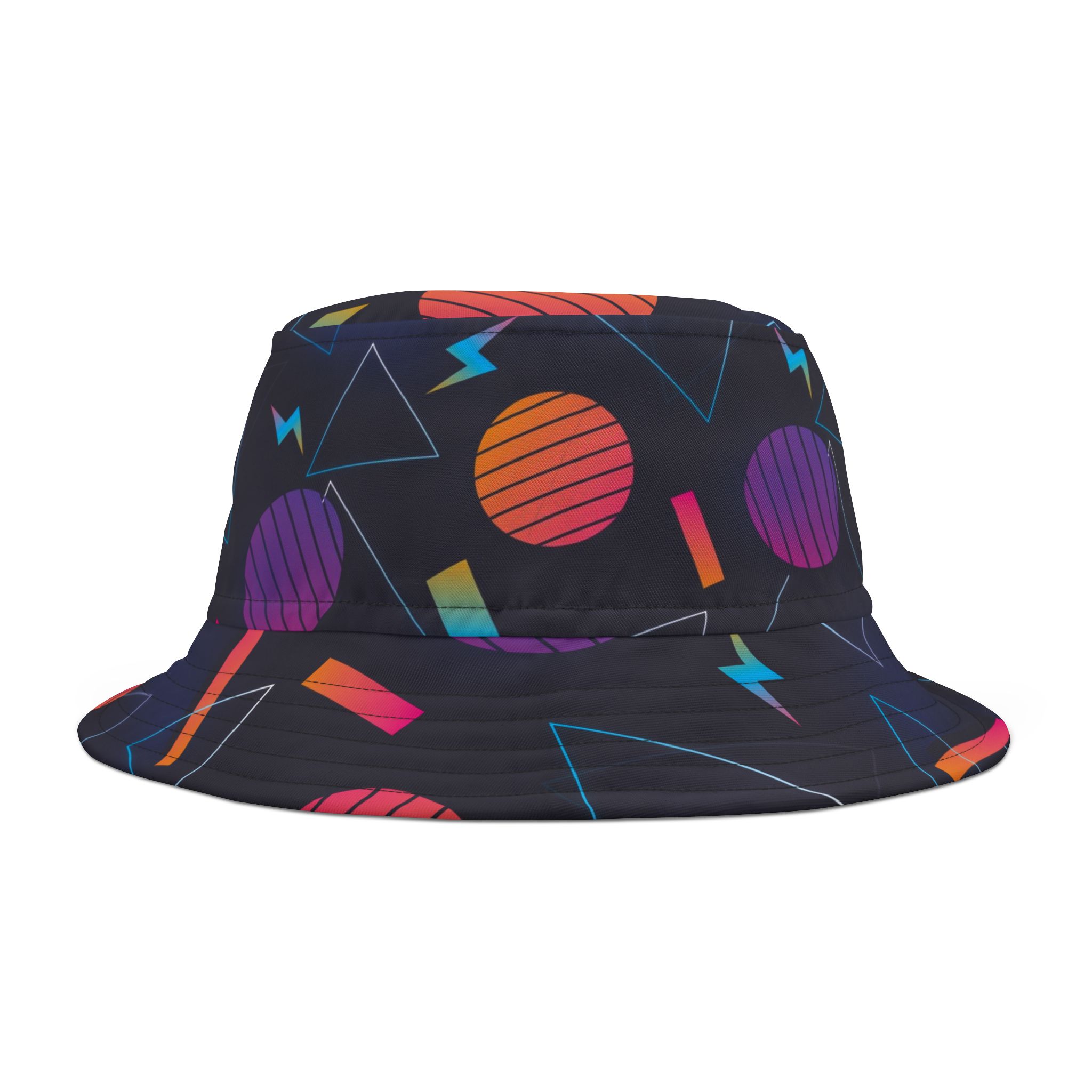 Retro 80s Neon Geometric Pattern Bucket Hat, Vibrant Streetwear Style - Image 4