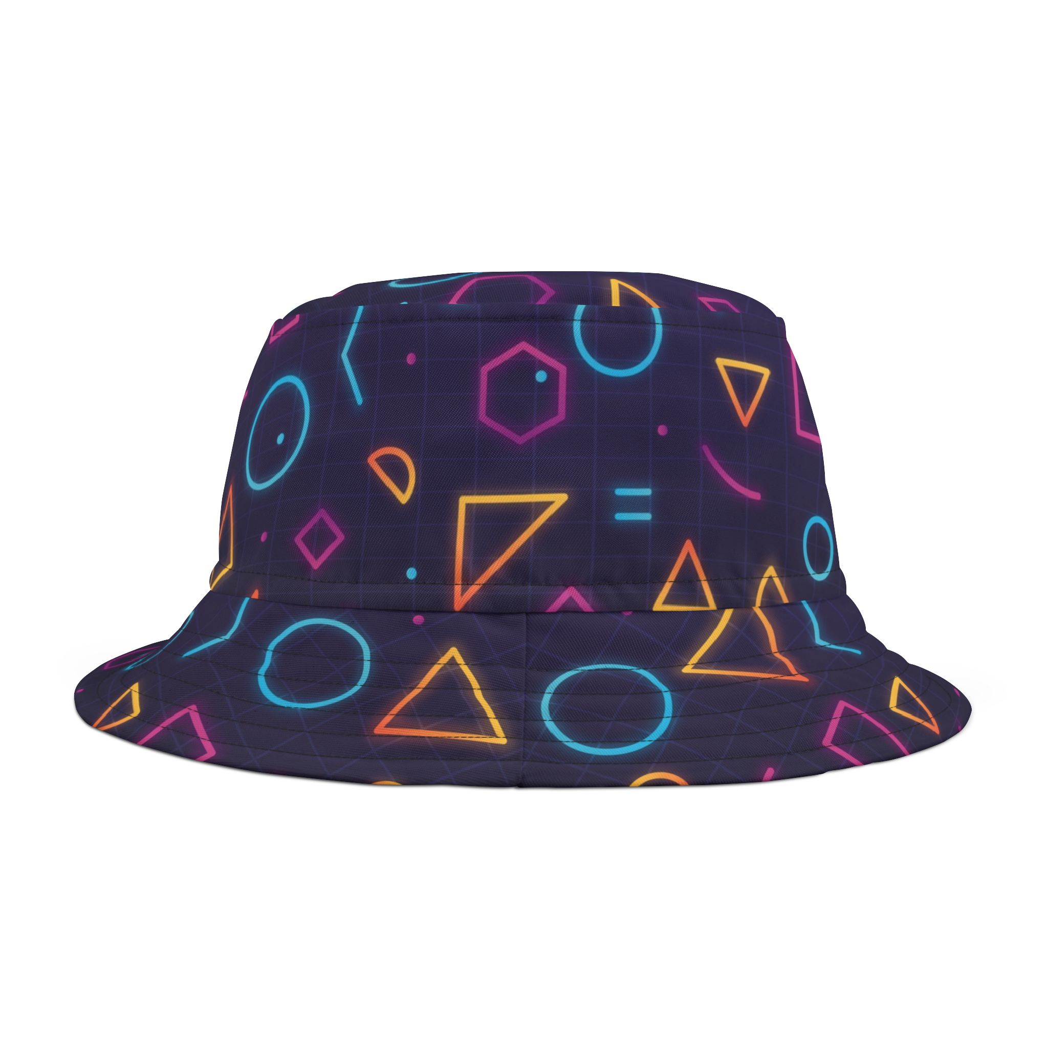 Neon Glow Geometric Bucket Hat, Vaporwave 80s-Inspired Retro Streetwear