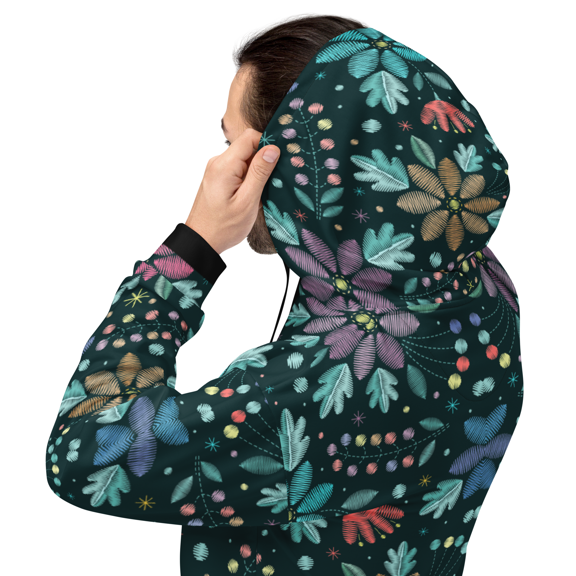 Embroidered Floral Pattern Hoodie, Colorful Stitch-Style Design on Dark Background for Bold Year-Round Style - Image 4