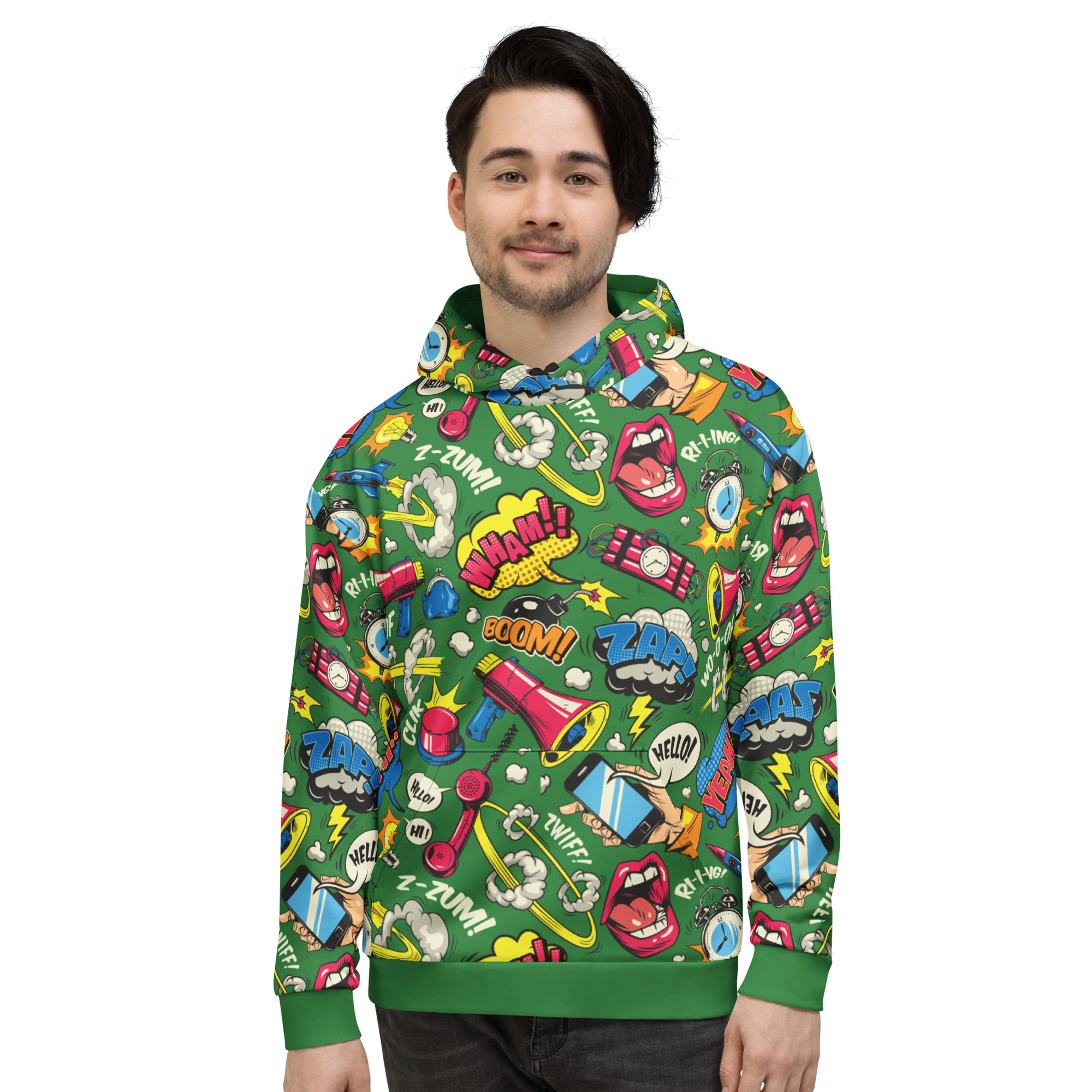 BOOM ZAP Green Hoodie, Vibrant Comic Pop Art Streetwear - Image 4