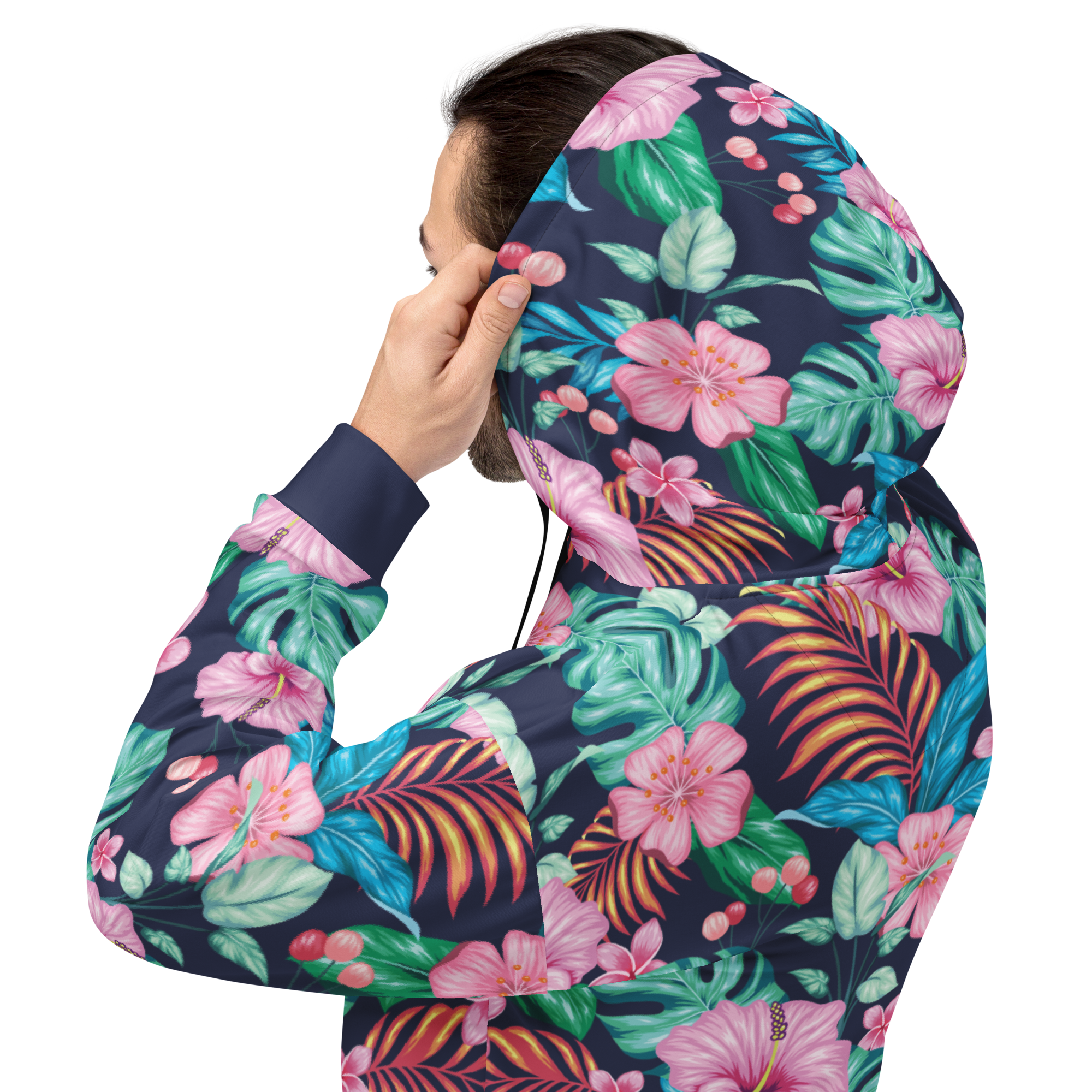 Tropical Floral All-Over Print Hoodie, Pink Flowers & Green Leaves on Navy for a Florida Vacation Vibe - Image 5