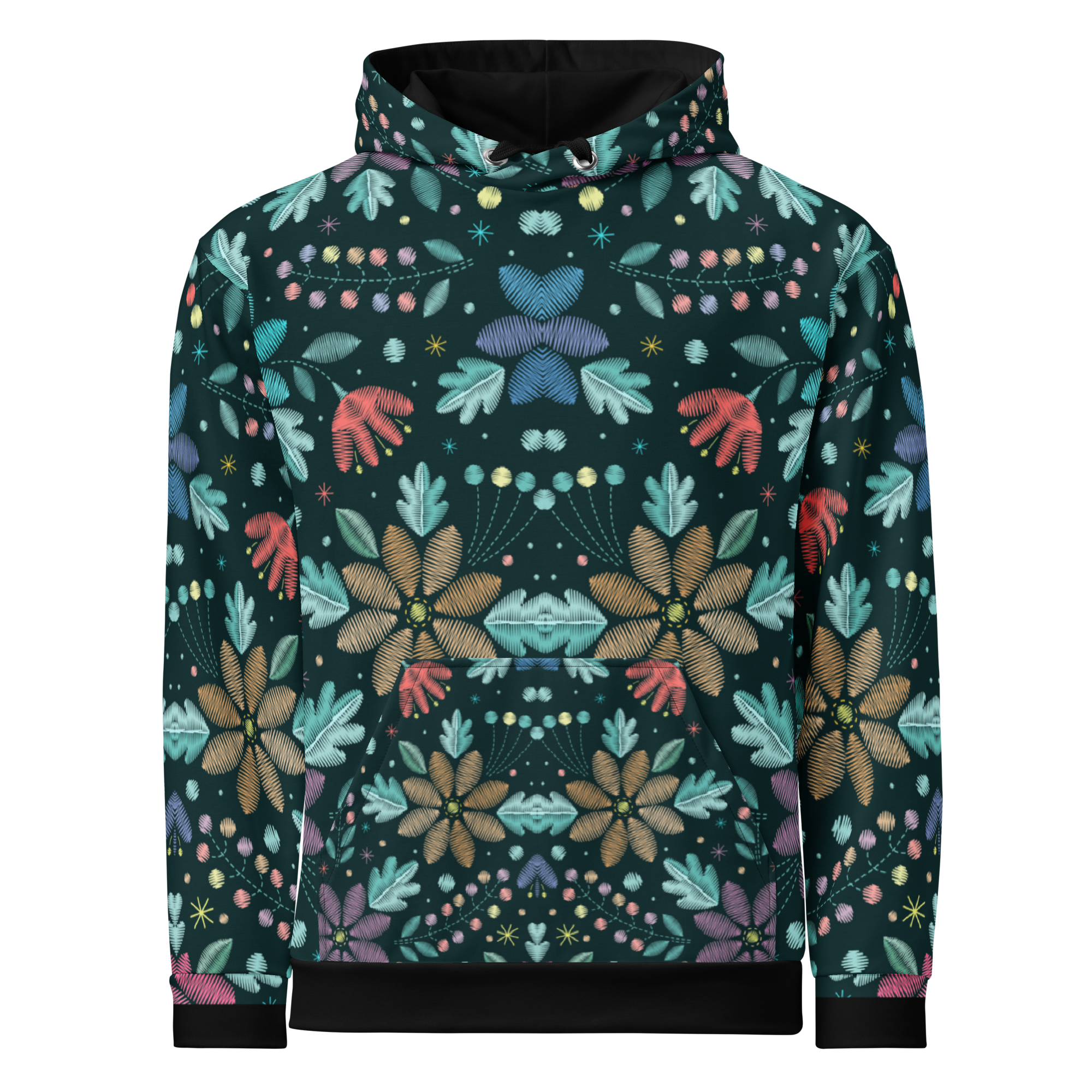 Embroidered Floral Pattern Hoodie, Colorful Stitch-Style Design on Dark Background for Bold Year-Round Style - Image 6