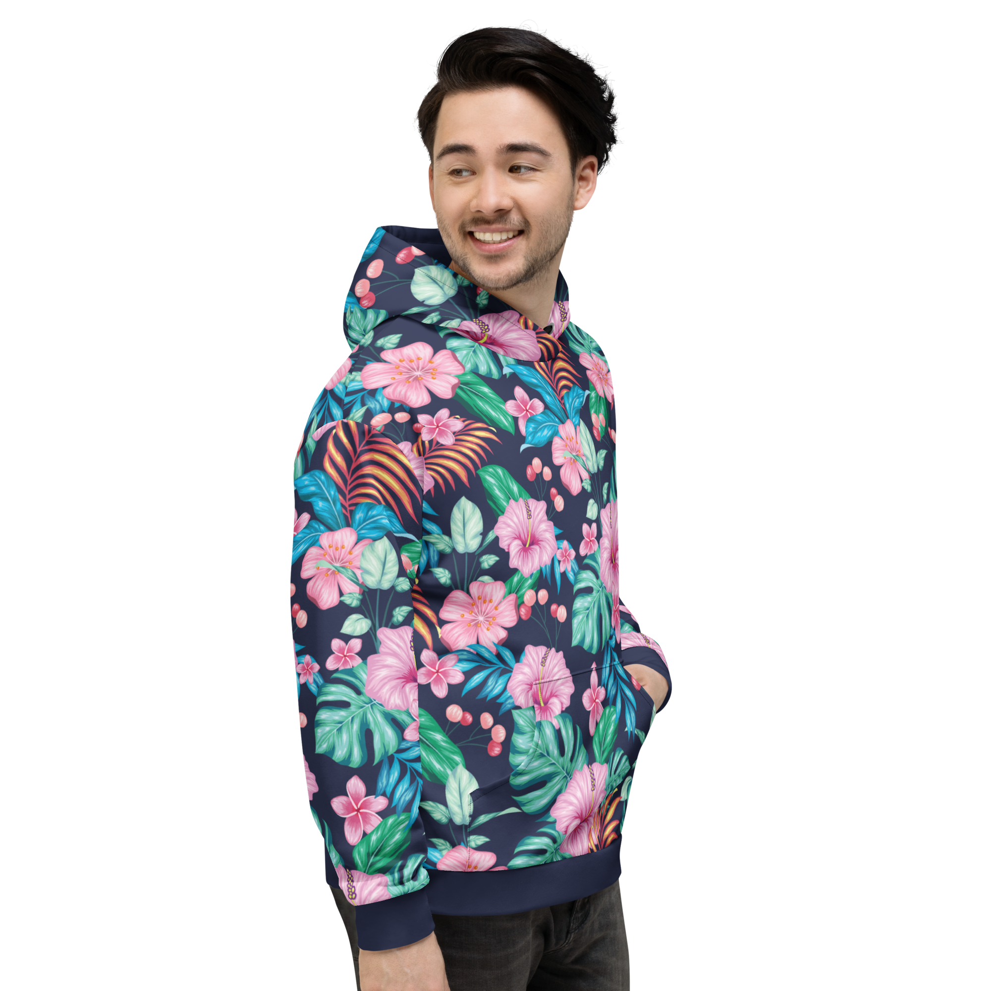 Tropical Floral All-Over Print Hoodie, Pink Flowers & Green Leaves on Navy for a Florida Vacation Vibe - Image 4