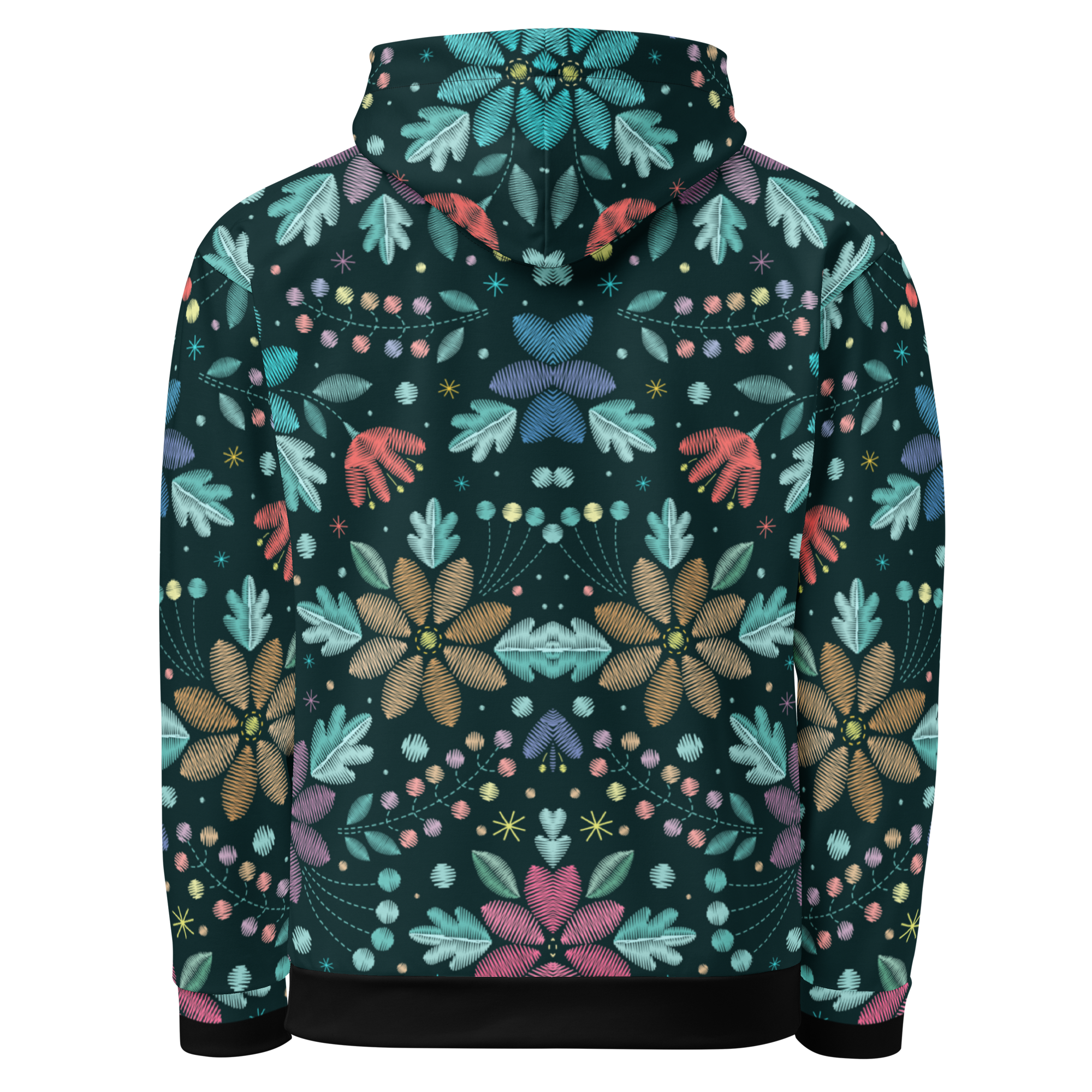Embroidered Floral Pattern Hoodie, Colorful Stitch-Style Design on Dark Background for Bold Year-Round Style - Image 7