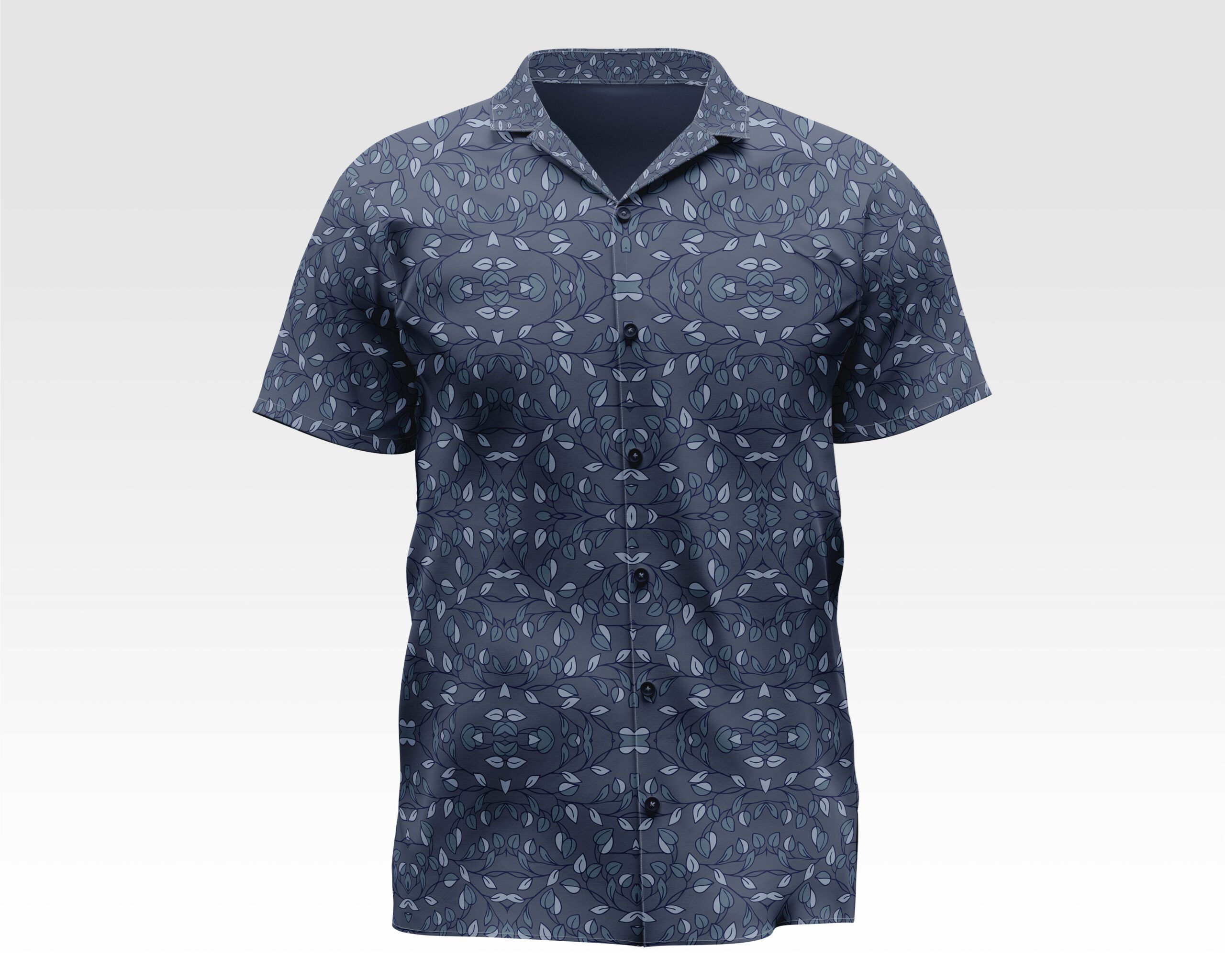 Men’s Navy Pattern Camp Shirt, Short Sleeve Button-Up, Lightweight Summer Hawaiian Style