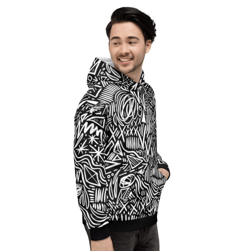 Abstract Black & White Doodle Hoodie, Minimalist Graffiti Streetwear for Unisex Style - Image 8