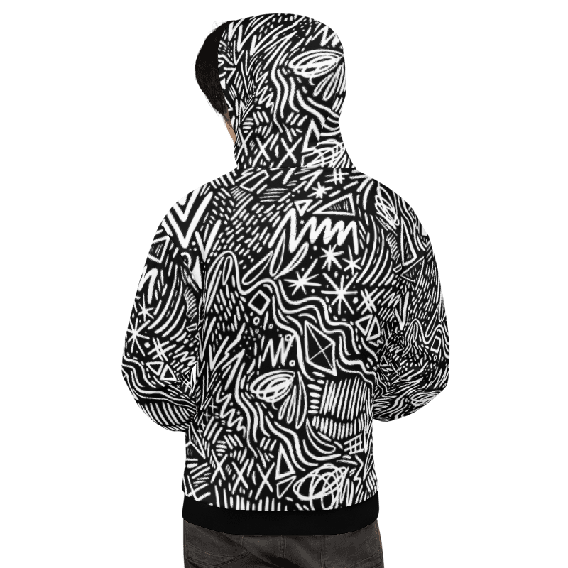 Abstract Black & White Doodle Hoodie, Minimalist Graffiti Streetwear for Unisex Style - Image 9