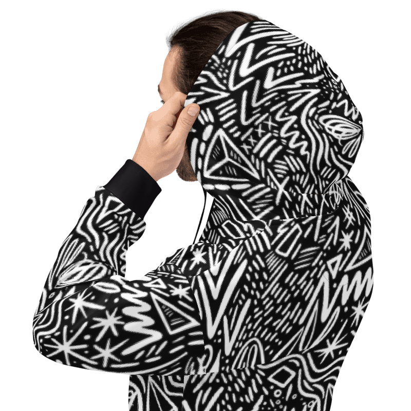 Abstract Black & White Doodle Hoodie, Minimalist Graffiti Streetwear for Unisex Style - Image 7