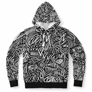 Abstract Black & White Doodle Hoodie, Minimalist Graffiti Streetwear for Unisex Style