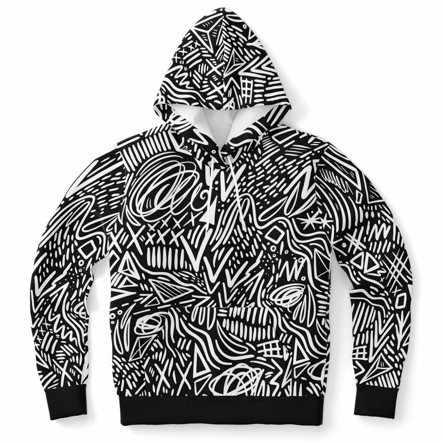 Abstract Black & White Doodle Hoodie, Minimalist Graffiti Streetwear for Unisex Style