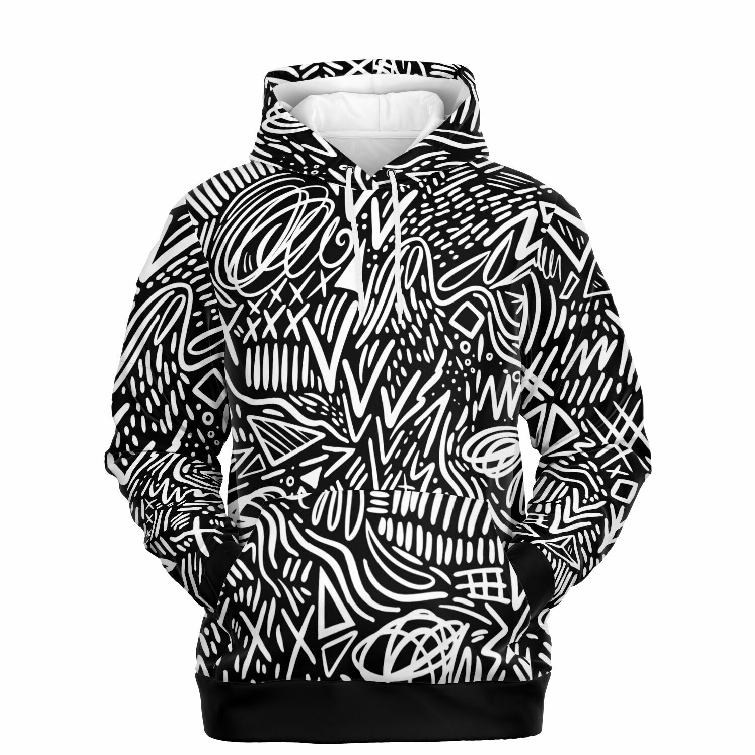 Abstract Black & White Doodle Hoodie, Minimalist Graffiti Streetwear for Unisex Style - Image 3