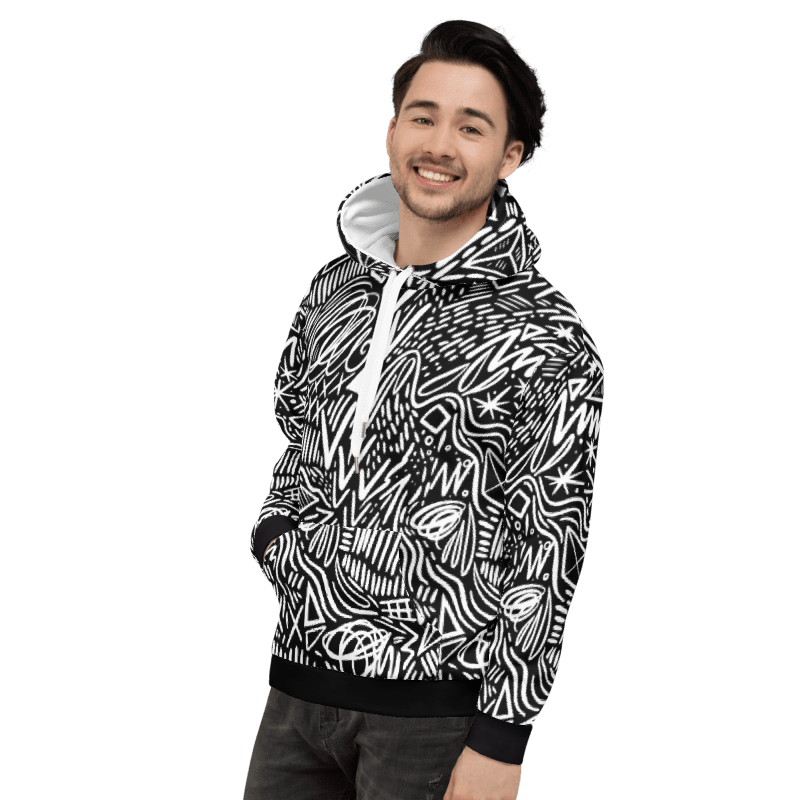 Abstract Black & White Doodle Hoodie, Minimalist Graffiti Streetwear for Unisex Style - Image 6