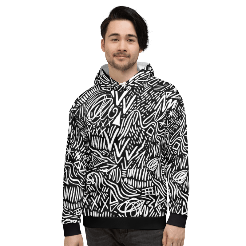 Abstract Black & White Doodle Hoodie, Minimalist Graffiti Streetwear for Unisex Style - Image 5